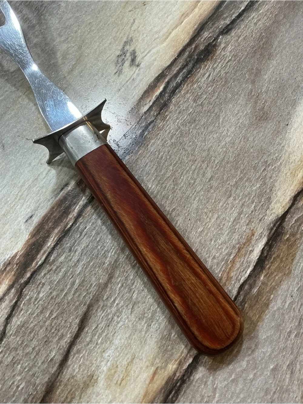 Vintage 50’s Wear-Ever #205 Carving Fork Stainless Steel 2 Tine Wood Handle 11.7